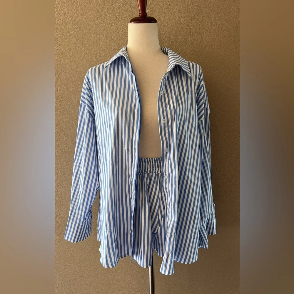 Striped button down long sleeve top with matching shorts set - Picture 5 of 9